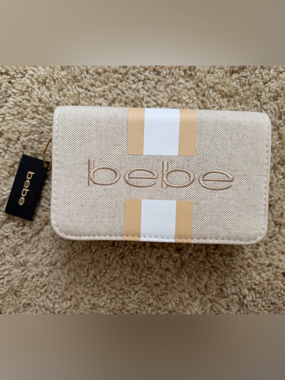 bebe Neutral Canvas Stripe Crossbody with White Accent